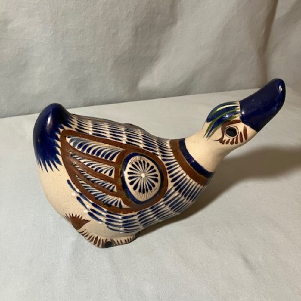 Mateo Tonala Handpainted Pottery Duck Mexican Folk Art Indigo‎ Blue/Brown Signed